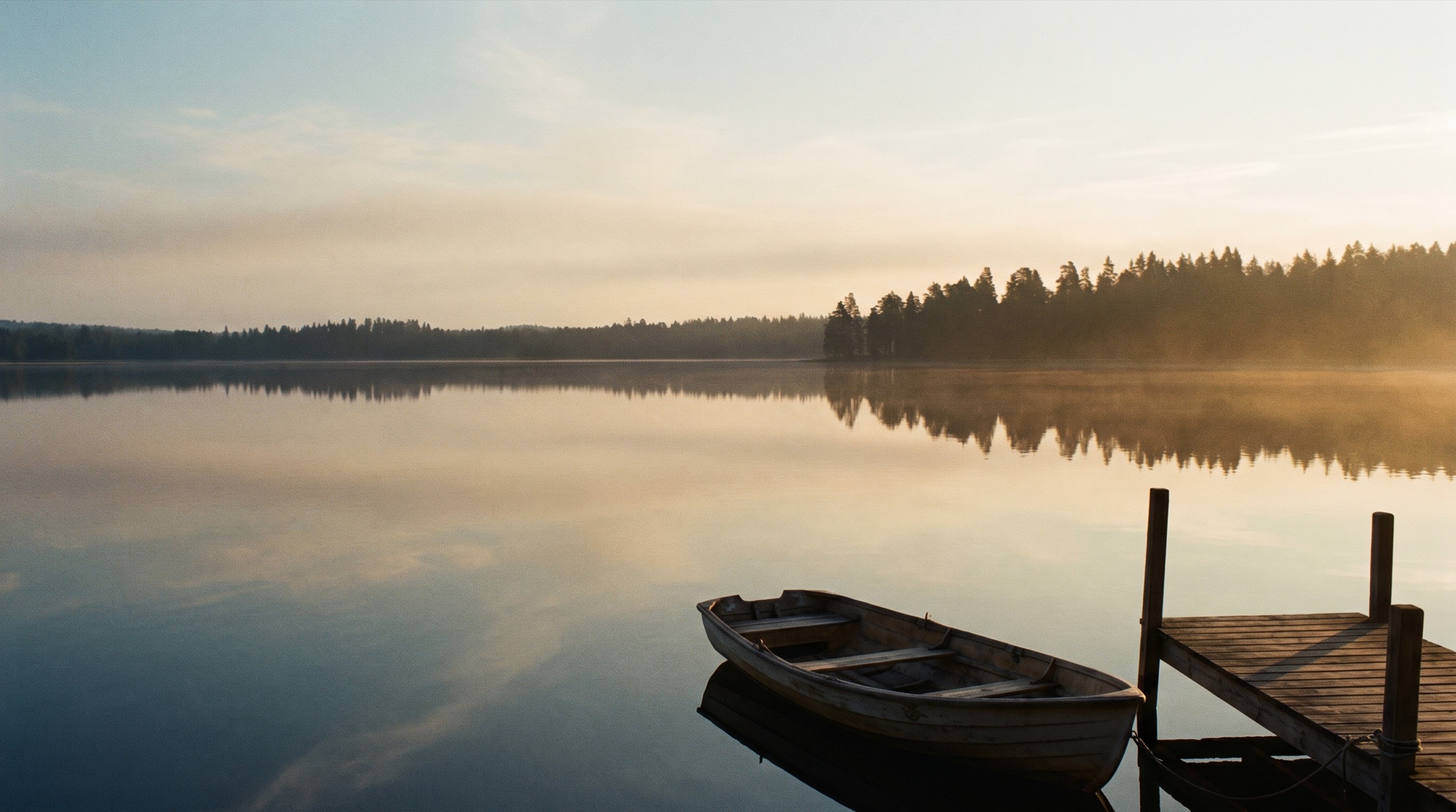 Golden hour light over still water at the retreat