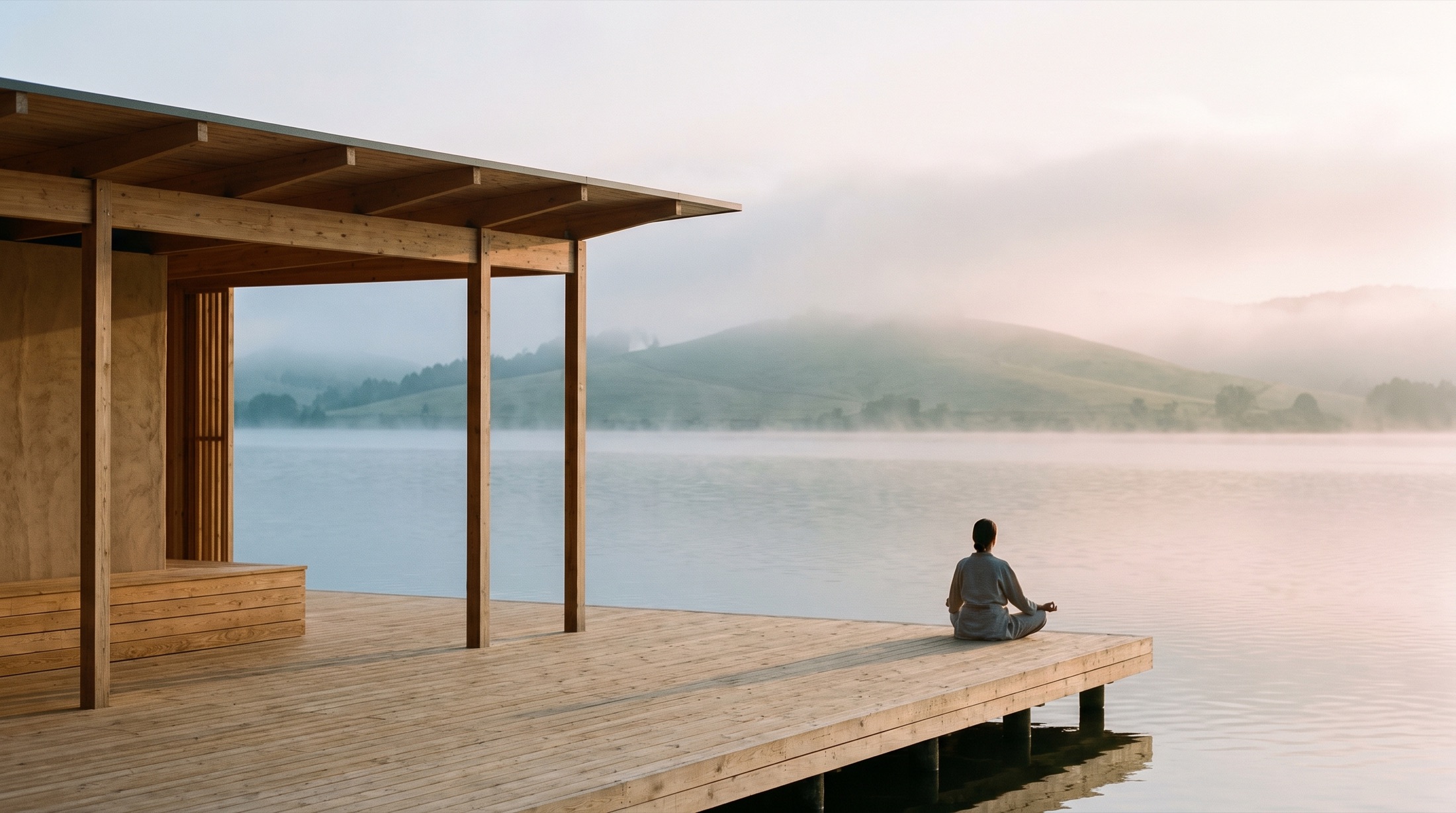 A quiet lake at dawn, seen from the retreat deck