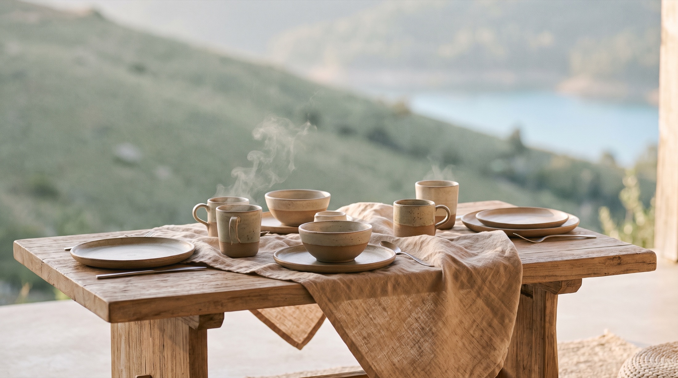 A quiet outdoor breakfast table overlooking the sage hillside and lake