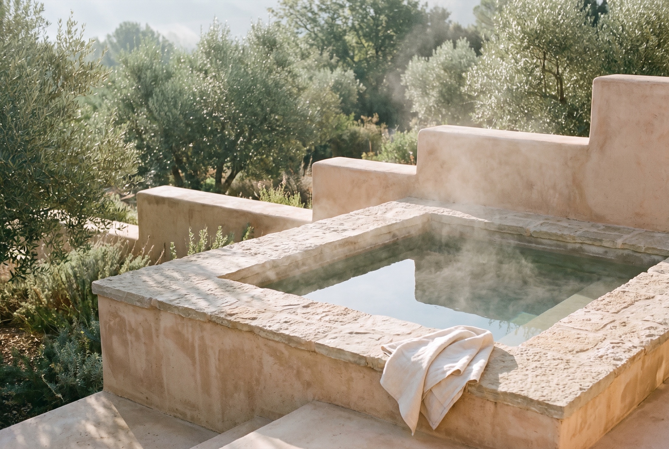 Stone soaking pool at the retreat, steam rising in the morning light